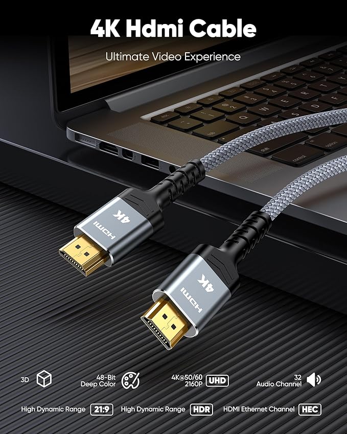 Highwings 4K HDMI Cable 8FT - 4K@60Hz HDR Braided HDMI Cord, 18Gbps High Speed with Ethernet/ARC, 3D, HDCP 2.2, ARC, Compatible for PS-5/4/3/4K HDTV/Monitor/Projector/Streaming Media