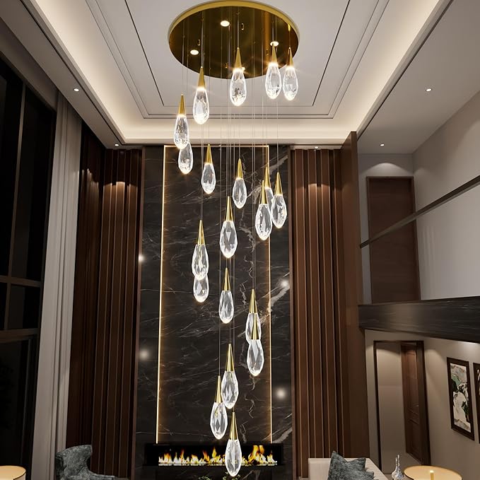 20 Lights Large Chandelie for High Ceiling Gold Pendant Light Fixture with Dimmable Big Crystal Chandelier for Staircase Foyer Villa
