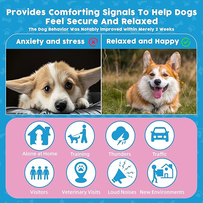 Dog Pheromones Calming Diffuser, 4 in 1 Kit Dog Calming Diffuser to Relieve Stress,Calming Diffuser for Dogs to Reduce Aggression Fighting Barking (3 Refills,1 Diffuser and 90 Days)