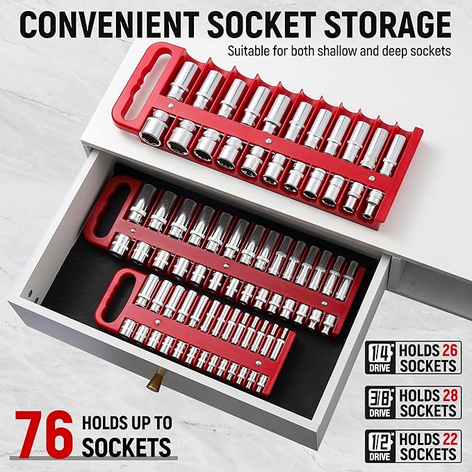 Magnetic Socket Organizer Set, 3 Pcs Red Portable Heavy Duty Socket Rail - Set: 1/4-Inch x 22 Pallets, 3/8-Inch x 28 Pallets, 1/2-Inch x 26 Pallets, Hold 76 Sockets - Fit Shallow&Deep Sockets