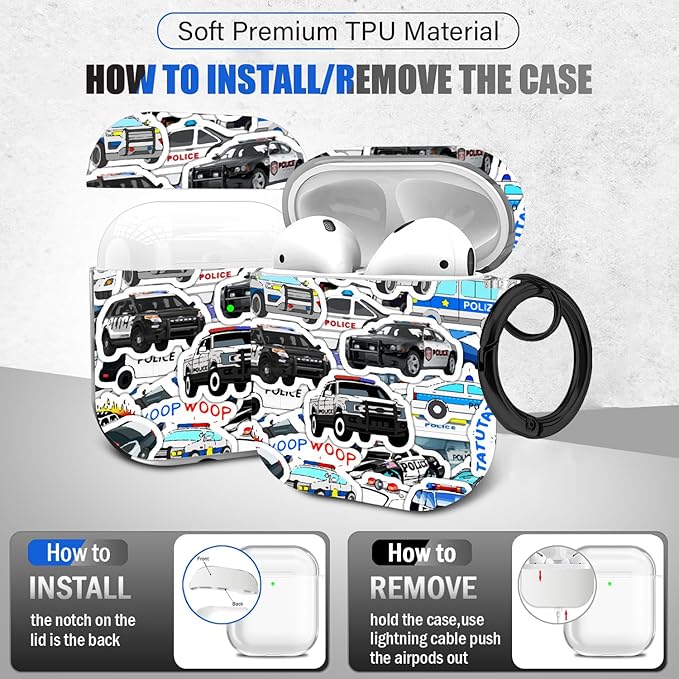 Maxjoy Compatible with AirPods 2nd Generation Case Cover, Cute Flowers Soft Protective for AirPod Gen 1&2 Charging Case,Police Car Lanyard