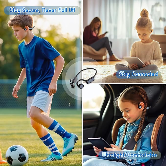 Kids Bluetooth Headphones, Wireless Kids Earbuds with 85dB Volume Limit, Bluetooth5.3, Air Conduction Open-Ear Headphones, 20-Hour Playtime, with Built-in Mic for Toddlers, Boys and Girl (Black)