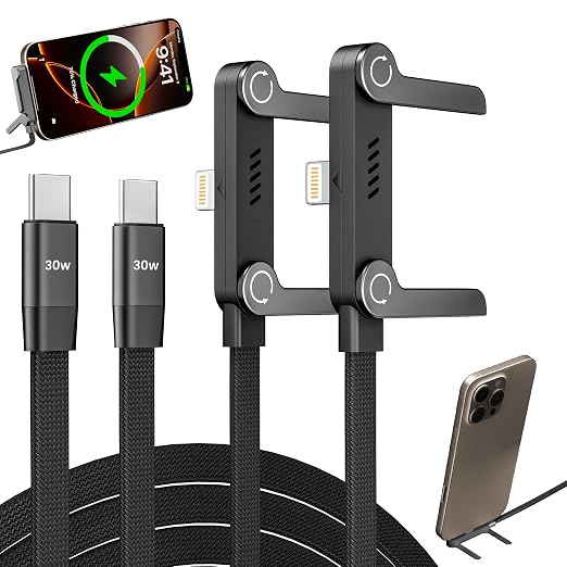 2 Pack USB C to Lightning Cable with Built-in Metal Phone Stand, PD 30W Invisible Holder Charger Cable, 90 Degree Braided Flat Lightning Charging Cable, Foldable Data Cable Standing for iPhone 14-5