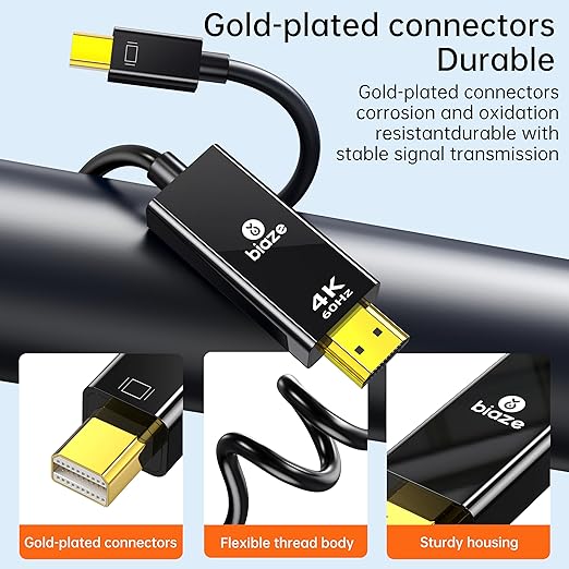 Mini DP to HDMI Cable 6Ft, 4K@60Hz, Compatible with MacBook Pro/Air, Surface, PC, TV, Projector, Plug and Play, Supports Windows/macOS/Linux