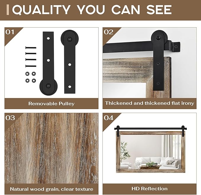 COGOOD Farmhouse Barn Door Mirror - 41" x 26" Rustic Wood Framed Wall Mirror for Bathroom, Living Room, Entryway Wall Decor (Striped Brown)