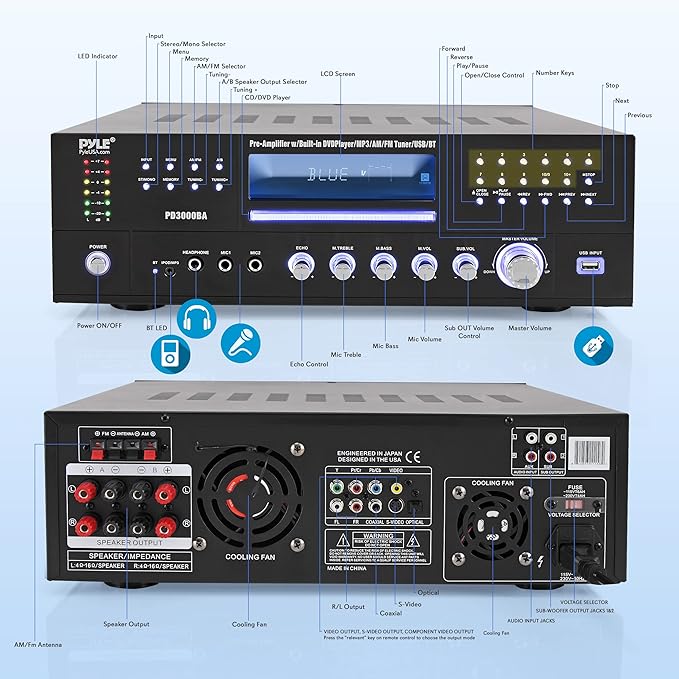 Pyle 4 Channel Bluetooth Home Amplifier - Front Loading DVD/CD Player - 3000W Peak Stereo Receiver - 2 Mic Inputs w/ Echo, FM Radio,Optical In,USB,RCA,Composite, LED Level Meter, Rack Mount - PD3000BA