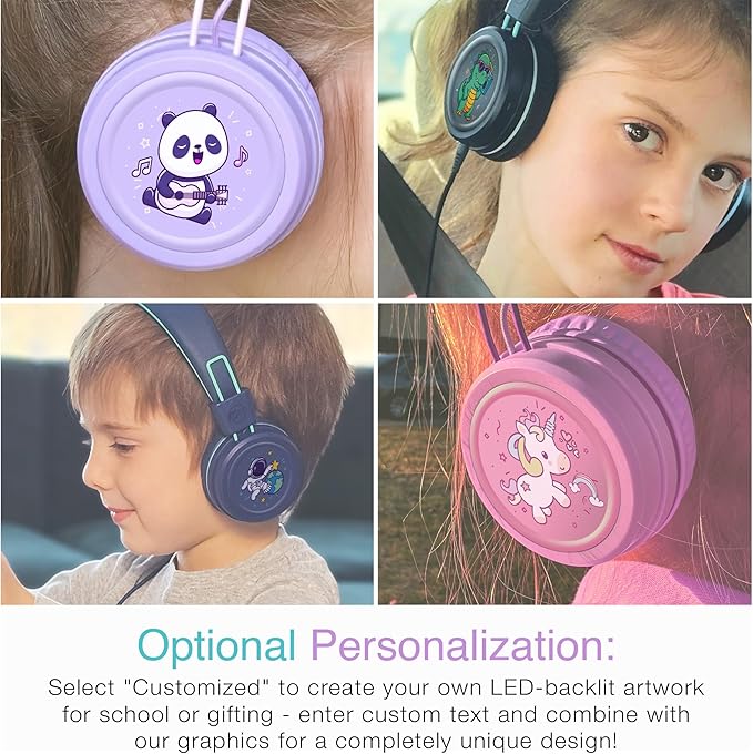 MEE audio KidJamz KJ55 Wired Children’s Headphones with 3.5mm Plug, Colorful Graphics, Volume Limiter & Microphone, Adjustable On-Ear Kids Headset for Online Learning/School/Travel/Tablet (Pink)