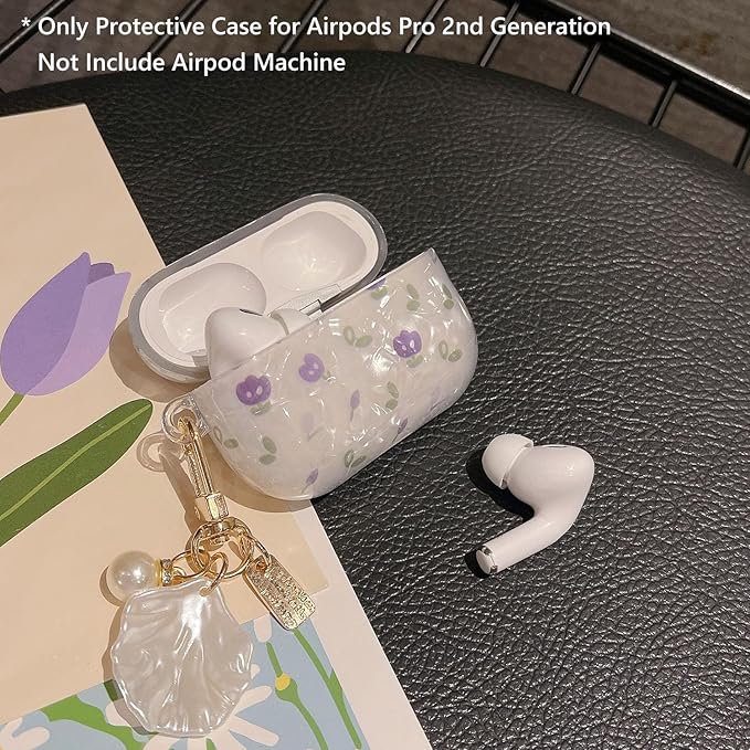 Cute Airpod Pro 2 Case Flower with Shell Pearl Keychain Floral Marble Hard TPU Protective Cover Compatible with AirPods Pro 2nd Generation Case for Girls Women (Tulip Purple)
