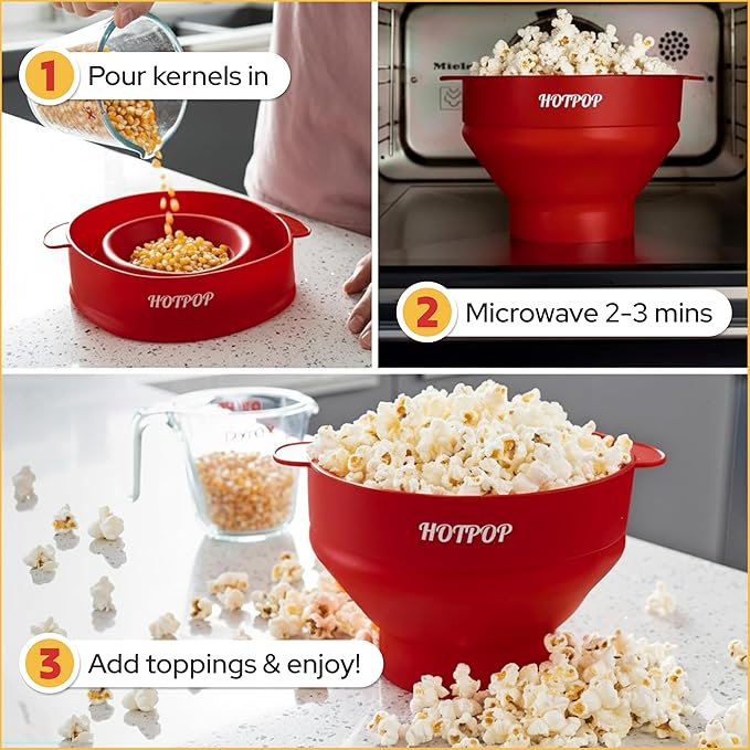 The Original HotPop Silicone Popcorn Maker - Microwave Popcorn Popper - Collapsible Bowl, Heat-Resistant, Easy to Clean, Ideal for Family Movie Nights, 15-Cup Capacity - Cherry