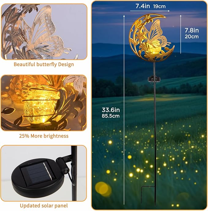JOBOSI Solar-Powered Moon Butterfly Decorative Gift, Solar Butterfly Ground Stake Light, Mother's Day Gift,Gifts for Women Grandmother, Garden Lawn Decor Christmas & New Year Gift