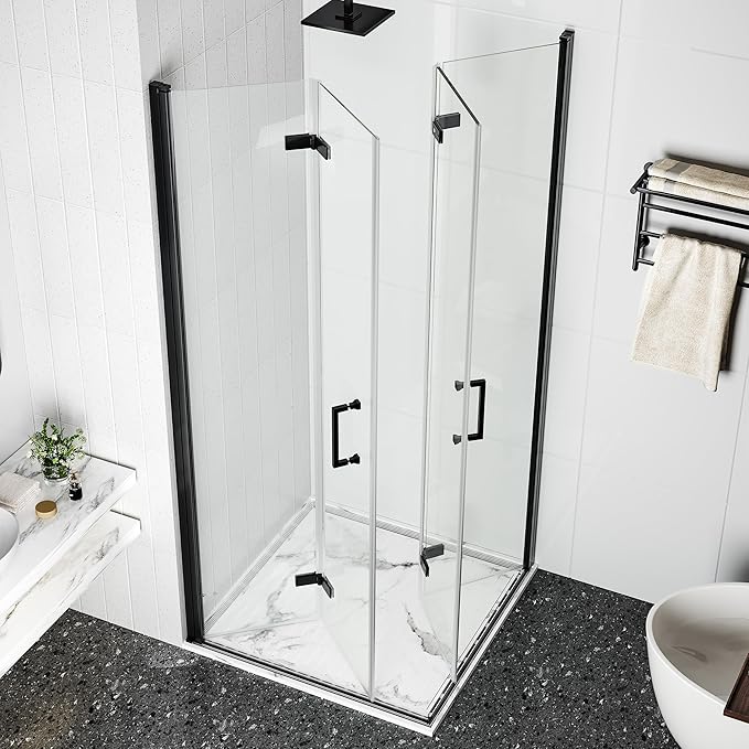 Corner Shower Enclosure Kit 34" D ×34" W × 72" H, Stand Up Shower Stall Kit with 1/4" Clear Corner Shower Glass Door, Bi-Fold Tempere Frameless Glass, Matte Black, Base Not Included