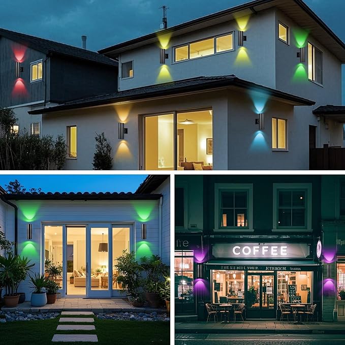 RGBCW Outdoor Wall Light 2 Pack, Smart Porch Light Dusk to Dawn Lighting with Remote Control, WiFi Outdoor Wall Sconce, Compatible with Alexa, Exterior Lights for House Porch Garage