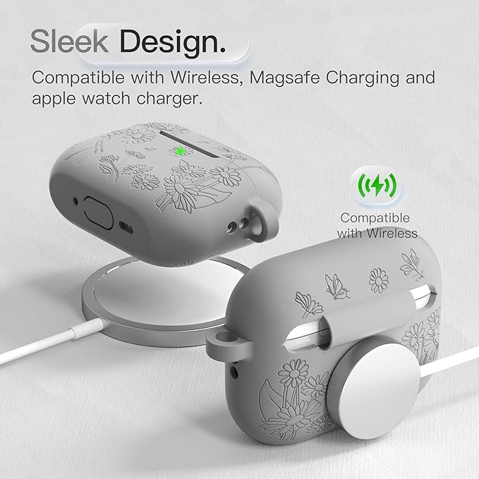for AirPods Pro 3 Case (2025) DamonLight Daisy Floral Engraved Shockproof Protective Soft Silicone Case Cover with Cleaning Pen and Keychain for Apple Airpods Pro 3rd Generation (Gray)