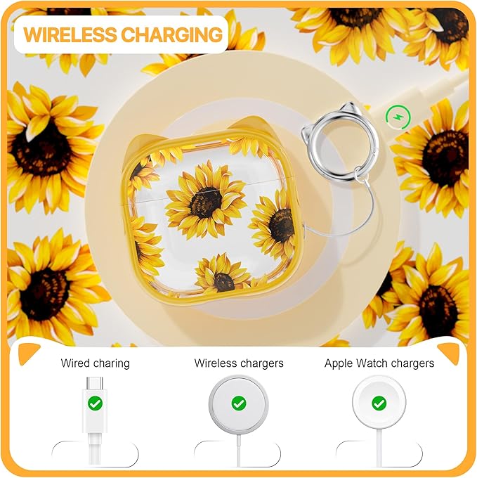 RFUNGUANGO AirPods 4 Case for Women Girly Cat Case with Lock, Phone Stand, Keychain & Cleaner Kit, Compatible with Apple Airpods 4th Generation Case Cover, Transparent Sunflower