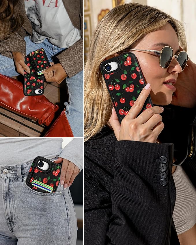 Shorogyt for iPhone 17e/16e Wallet Case - Fits 7 Cards, Compatible with Magsafe Detachable Magnetic Credit Card Holder Leather Cardholder Cute Phone Cover Women Girls for Apple 17e/16e, Cherry