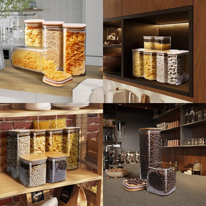 Square Glass Jars with Bamboo Lids 53 FL OZ [Set of 4], Glass Canisters with Airtight Lid, Glass Food Storage Containers for Pasta, Cereal, Coffee, Flour, Sugar, Best for Kitchen & Pantry