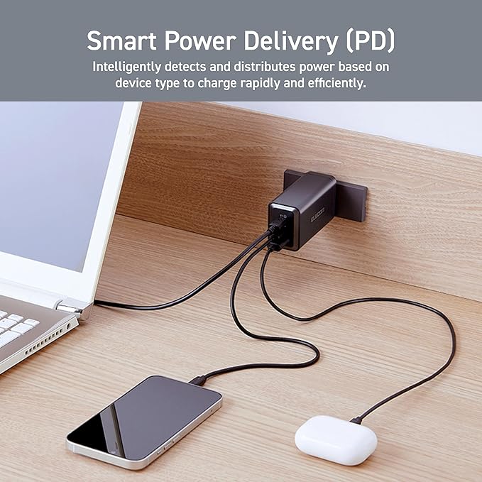 ELECOM 120W USB C Wall Charger Block, 3 Multi Port GaN II Smart PD, Ultra-Fast Charging, Compact Power Adapter for Multiple Devices, Laptops, Tablets, iPhone, iPad, Watch, Speakers, Airpods - Black