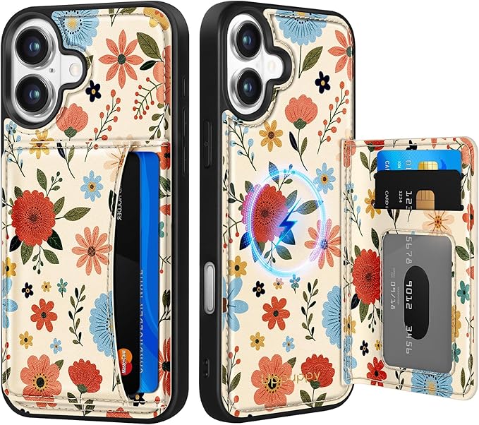 for iPhone 16 Wallet Case - Fits 4 Card Slots, Compatible with MagSafe for Women Aesthetic Durable PU Leather Credit Card Holder Kickstand Phone Cover for Apple 16, Beige Flower