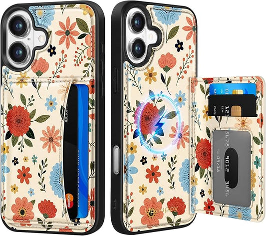 for iPhone 16 Wallet Case - Fits 4 Card Slots, Compatible with MagSafe for Women Aesthetic Durable PU Leather Credit Card Holder Kickstand Phone Cover for Apple 16, Beige Flower