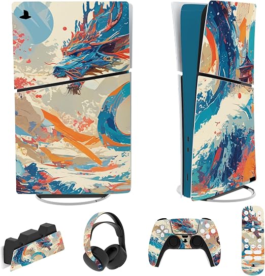 PlayVital Full Set Skin Sticker for ps5 Slim Console Digital Edition (The New Smaller Design), Vinyl Skin Decal Cover for ps5 Controller & Headset & Charging Station & Media Remote - Dragon's Elysium