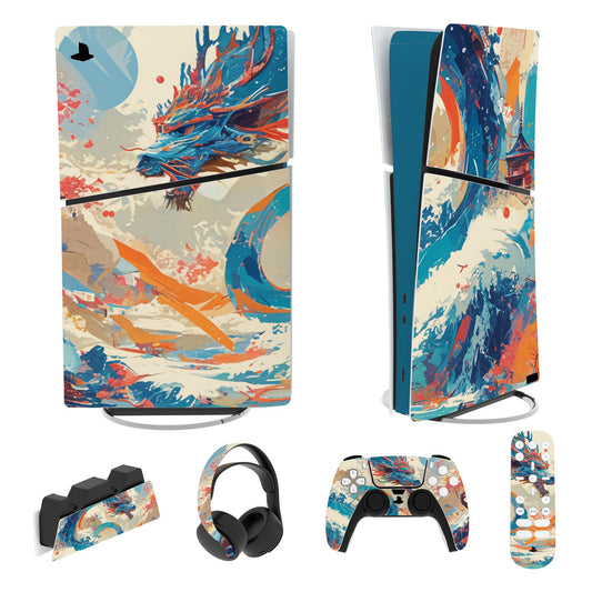 PlayVital Full Set Skin Sticker for ps5 Slim Console Digital Edition (The New Smaller Design), Vinyl Skin Decal Cover for ps5 Controller & Headset & Charging Station & Media Remote - Dragon's Elysium