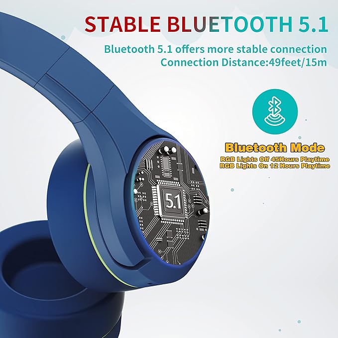 Riwbox CF9 Cat Ear Kids Bluetooth Headphones with LED Light Up,Safe 85dB Volume Limit,Built-in Mic&Boom Mic for Calls,Kids Wireless&Wired Headphones for Tablet/Airplane/School/Online Learning(Blue)