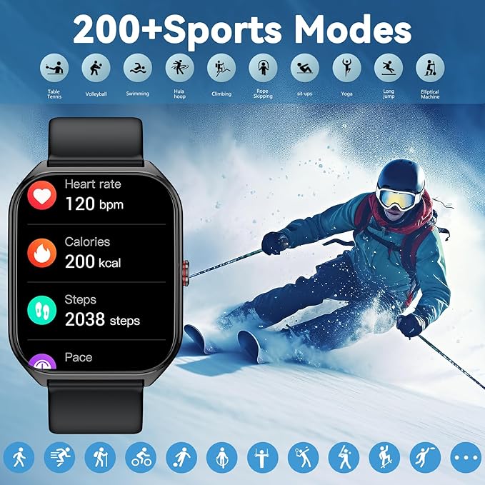 AI Smart Watch for Men Women, 1000mAh Fitness Tracker 60-Day Standby Time, 1.96" HD SmartWatch with 200+ Sport Modes/Heart Rate/Sleep Monitor, IP68 Waterproof Pedometer for Android iOS