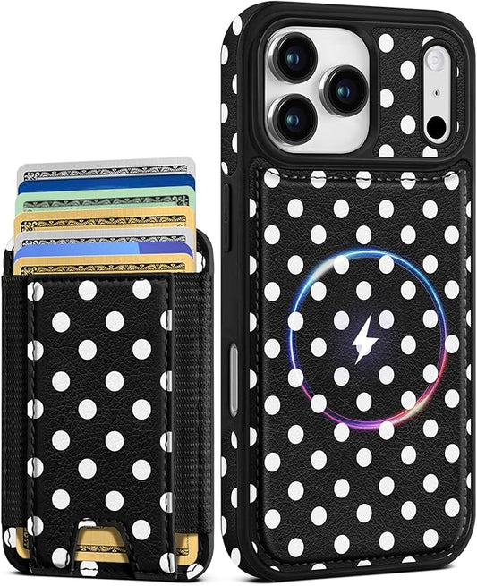 Shorogyt for iPhone 17 Pro Case Wallet - Fits 5 Cards, Compatible with Magsafe Detachable Magnetic Credit Card Holder Leather Cardholder Cute Phone Cover Women Girls for Apple 17Pro, Polka Dots