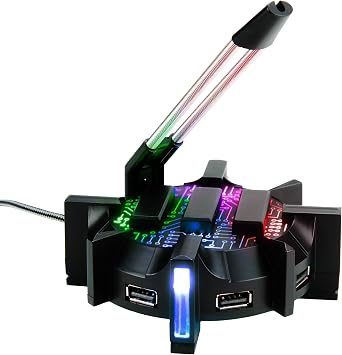 Enhance Pro Gaming Mouse Bungee Cable Holder 4 Port USB Hub with 7 LED Color Modes, Cable Management Support, Improved Accuracy and Weighted Design for Competitive Esports Games, Gaming Accessories