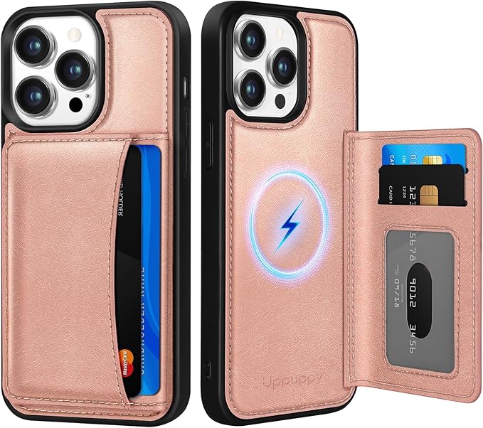 for iPhone 13 Pro Case with Wallet - Fits 4 Card Slots, Compatible with MagSafe for Women Aesthetic Durable PU Leather Credit Card Holder Kickstand Phone Cover for Apple 13 Pro, Rose Gold