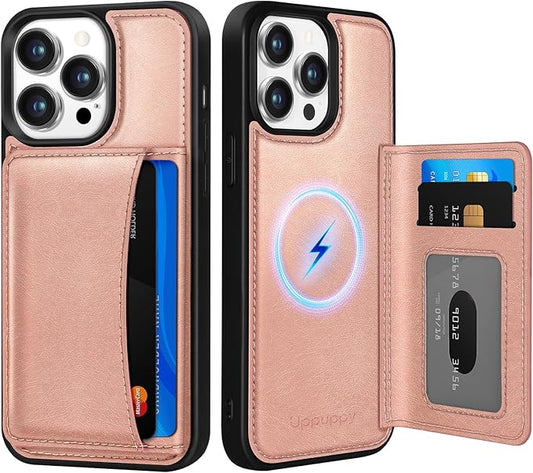 for iPhone 13 Pro Case with Wallet - Fits 4 Card Slots, Compatible with MagSafe for Women Aesthetic Durable PU Leather Credit Card Holder Kickstand Phone Cover for Apple 13 Pro, Rose Gold