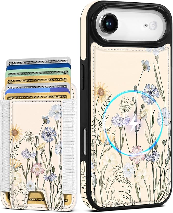 Shorogyt for iPhone Air Wallet Case - Fits 5 Cards, Compatible with Magsafe Detachable Magnetic Credit Card Holder Leather Cardholder Cute Phone Cover Women Girls for Apple 17 Air, Color Flower
