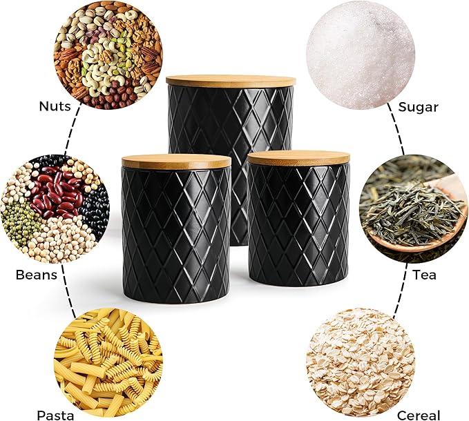 MIAMIO – Set of 3 Canister Sets for Kitchen Counter, Ceramic Kitchen Canister Set with Airtight Seal Wooden Lid - Perfect for Coffee, Tea, Sugar, Flour, Tea, Salt and More