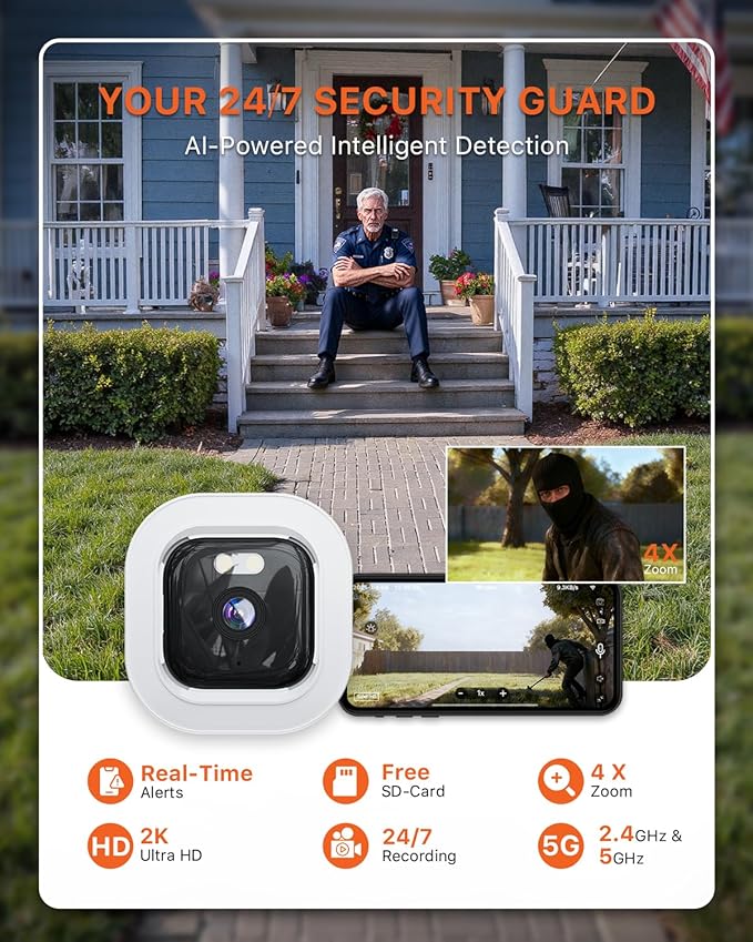 2K Window Camera with 32GB SD Card, AI Night Vision 5G/2.4G WiFi Window Camera for Home Security, AI Window Anti-Glare & Motion Detection & APP 20+ Siren, Two-Way Audio Talk - 1 Pack