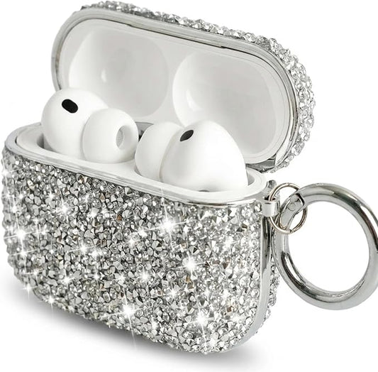 for Cute Glitter AirPods 4 Case for Women| Bling Hard Airpod iPods 4 Cases | with Keychain | Sparkly Rhinestone Air Pods 4 Generation Case for Women Girl- Model A3058/A3059(White)