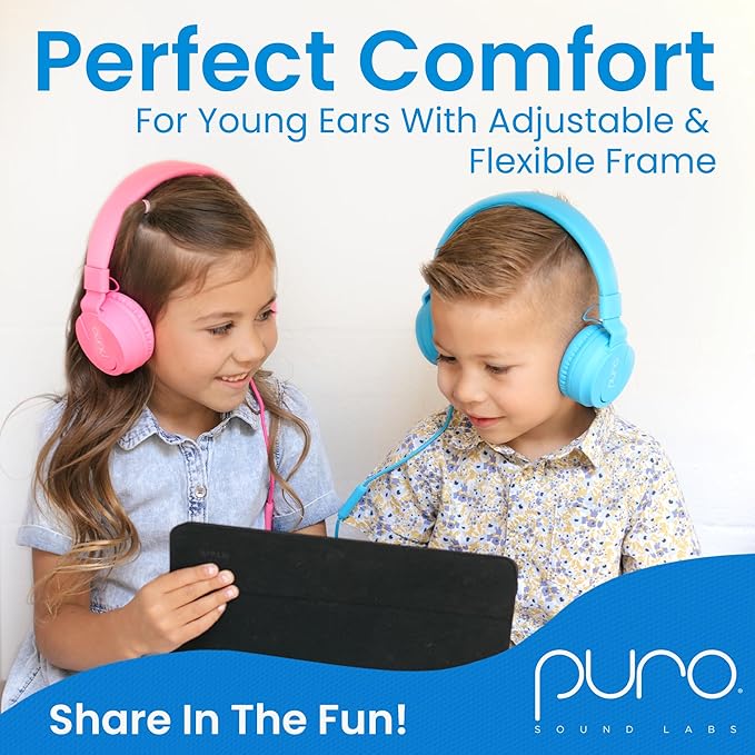 Puro Sound Labs Kids Wired Headphones – Volume-Limiting & Adjustable, Safer & Comfortable Headphones for Kids – Compatible with PCs, Smartphones & Tablets, Ideal for School & Travel – PuroBasic, Blue