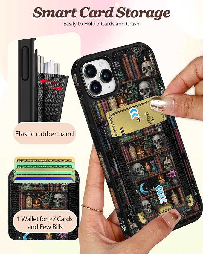 Shorogyt for iPhone 11 Pro Case Wallet - Fits 5 Cards, Compatible with Magsafe Detachable Magnetic Credit Card Holder Leather Cardholder Cute Phone Cover Women Girls for Apple 11Pro, Bookshelf
