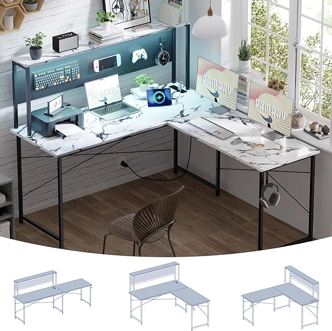 Pamray 60 Inch L Shaped Gaming Desk with LED Lights and Power Outlets Reversible Corner Computer Desk with Pegboard Storage Shelves Home Office Table for Work Study Marble