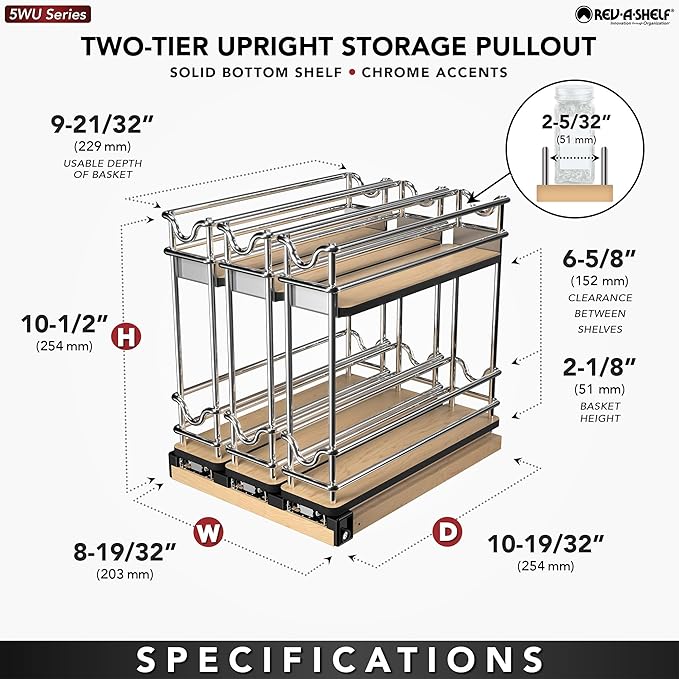 Rev-A-Shelf 9" Pullout Organizer, 2 Tier Triple Narrow Upright Shelf, 5WU2-9N3-1