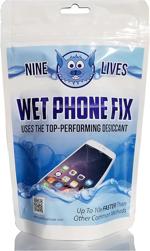 PackFreshUSA: Nine Lives Wet Phone Fix – Premium Desiccant - Water Damage Repair – Moisture Removal – Non-Toxic - Rapid Drying Pouch System for Cell Phones and Electronics - 1 Pack Blue
