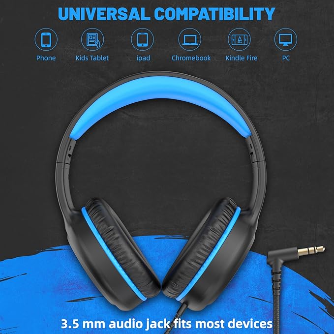 On Ear Wired Blue Headphones for Boys Girls Folding Corded Head Phones for Kids Youth Student Children Portable Headphone for School Classroom