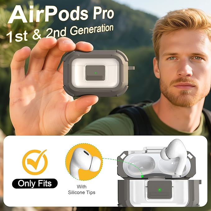 RFUNGUANGO for AirPods Pro 2 Case, Compatible with AirPods Pro 2nd/1st Generation Case, Compatible with MagSafe, Magnetic Automatic Lock with Cleaner Kit and Keychain, Front LED Visible, Gray