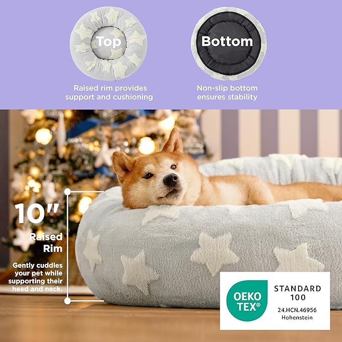 LE SURE Donut Large Dog Bed - Round Cat Beds for Indoor Cats Anti-Anxiety Calming Pet Beds, Washable Cute Modern Beds with Jacquard Shaggy Plush & Anti Slip Bottom, 36 Inch, Galaxy Grey