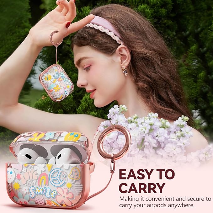 Inesore for AirPods Pro 2nd Generation Case Cover with Lock, Flowers Cute Clear Air Pods Pro 2 Case Hard iPod Pro Cases for Women Girls with Cleaner Kit (2023 USB-C /2022/2019) - Smile Doodle