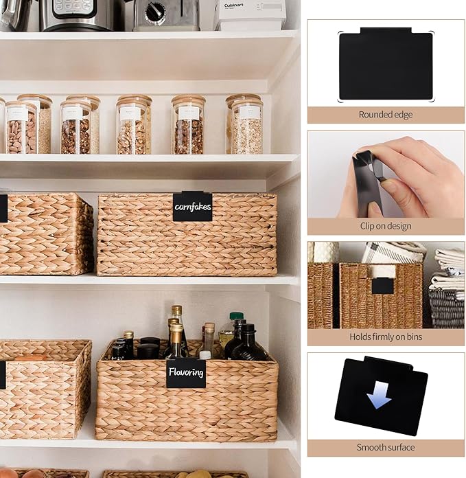34 Pcs Basket Labels Clip on Set, Include 32 Kitchen Clip Label Holder Removable Storage Bin Labels with 2 White Marker for Storage Bins Organization Box (Black)