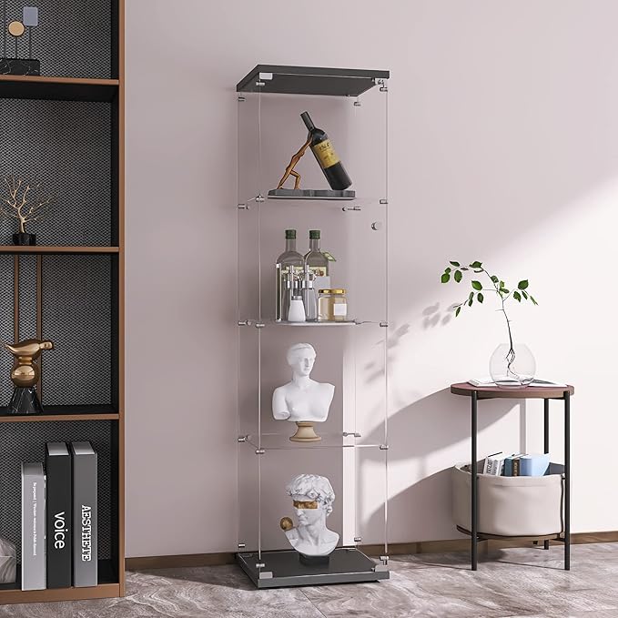 LFT HUIMEI2Y Glass Display Cabinet 4-Shelf with Door and Lock, Curio Cabinets Upgraded Quick-Install Style Tempered Glass Floor Standing Bookshelf for Bedroom, Living Room 65”x 17”x 14” Black