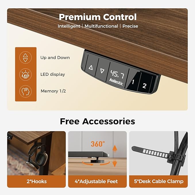 Agilestic Height Adjustable Electric Standing Desk, 48 x 24 Inches Stand Up Desk, Ergonomic Raising Computer Table with Memory Preset Button, Two-Piece Desktop, Dark Walnut