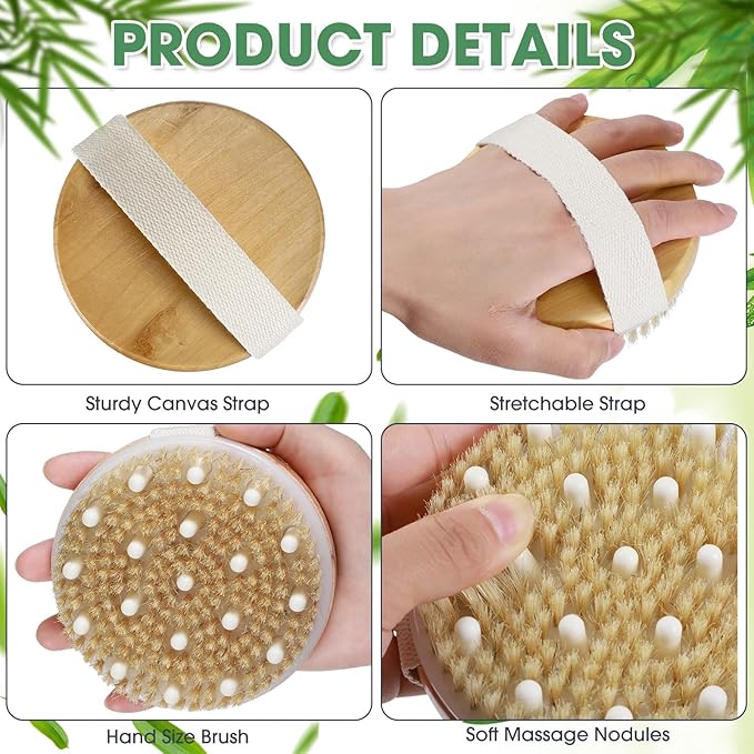 Gejoy 5 Pcs Dry Brushing Body Brush for Lymphatic Drainage Exfoliating Brush with Massage Nodule Dry Skin Body Scrubber Cellulite Shower Circulation Dead Exfoliator (4.3 x 4.3 Inches,Wood Color)