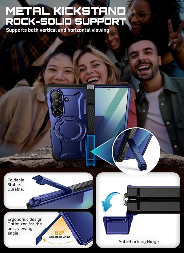 SUPCASE for Samsung Galaxy Z Fold 7 Case with Kickstand (UB Grip), [Built-in Tempered Glass Screen Protector] [Hinge Coverage] Military-Grade Protection Phone Case (Azure)