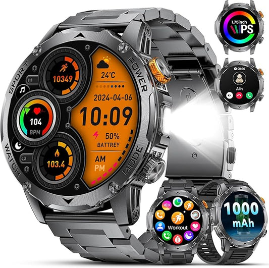 Military Smart Watches for Men-50 Days Battery/Flashlight/3 Straps,1.75'' IPS HD Display Fitness Watch,IP68 Waterproof Fitness Tracker with Heart Rate,Sleep Monitor,100+ Sports Modes,for iOS Android
